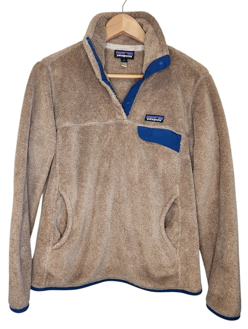 Women's Patagonia tan/blue Polartec Re-Tool Snap-T Fleece Pullover Sweater Med